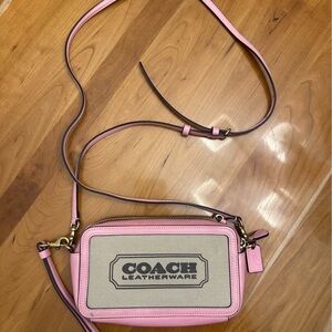 COACH Kira Canvas Leather Wristlet Crossbody Purse Pink Natural Bag